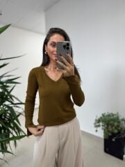 Dv 10427 Yağ Yeşili V Yaka Kol Yırtmaçlı Triko Kazak