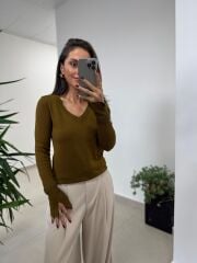 Dv 10427 Yağ Yeşili V Yaka Kol Yırtmaçlı Triko Kazak