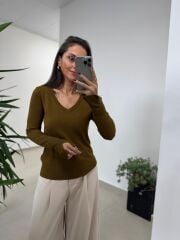 Dv 10427 Yağ Yeşili V Yaka Kol Yırtmaçlı Triko Kazak