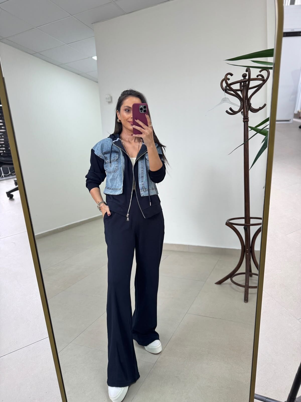 TİS 1042 Laci-Denim Detaylı Kapüşonlu Sweat Takım