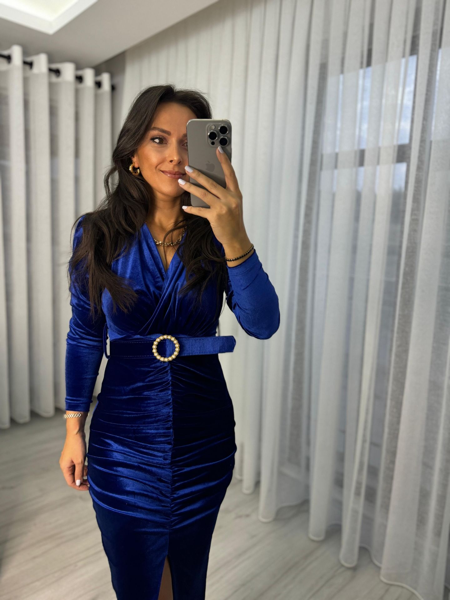 My 3326 Pearl Buckle Belted Saxe Dress