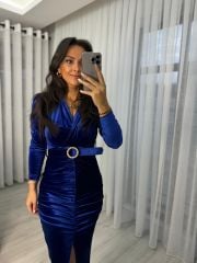 My 3326 İnci Toka Kemerli Saks Elbise