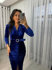 My 3326 İnci Toka Kemerli Saks Elbise