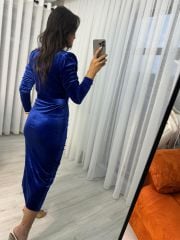 My 3326 İnci Toka Kemerli Saks Elbise