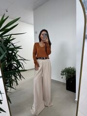 Dv 10427 Karamel V Yaka Kol Yırtmaçlı Triko Kazak