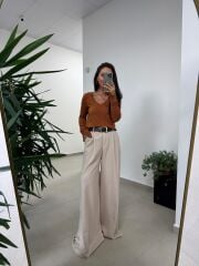 Dv 10427 Karamel V Yaka Kol Yırtmaçlı Triko Kazak