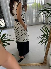 Ms Siyah Puantiyeli Pamuk Keten Elbise