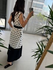 Ms Siyah Puantiyeli Pamuk Keten Elbise