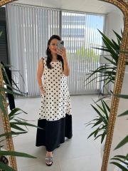 Ms Siyah Puantiyeli Pamuk Keten Elbise