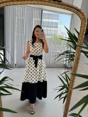 Ms Black Polka Dot Cotton Linen Dress