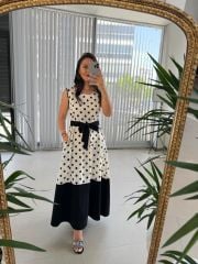 Ms Siyah Puantiyeli Pamuk Keten Elbise