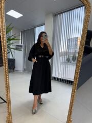 Dr 8242 Kendinden Kemerli Modal Siyah Elbise