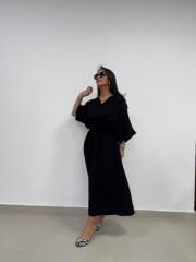 Dr 8242 Kendinden Kemerli Modal Siyah Elbise