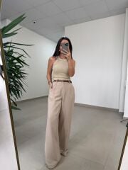 Fp 51150 Pamuk Keten Hasır Kemerli Bej Palazzo Pantolon