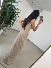 Fp 51150 Pamuk Keten Hasır Kemerli Bej Palazzo Pantolon