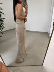 Fp 51150 Pamuk Keten Hasır Kemerli Bej Palazzo Pantolon