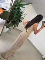 Fp 51150 Pamuk Keten Hasır Kemerli Bej Palazzo Pantolon