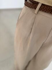 Fp 51150 Pamuk Keten Hasır Kemerli Bej Palazzo Pantolon