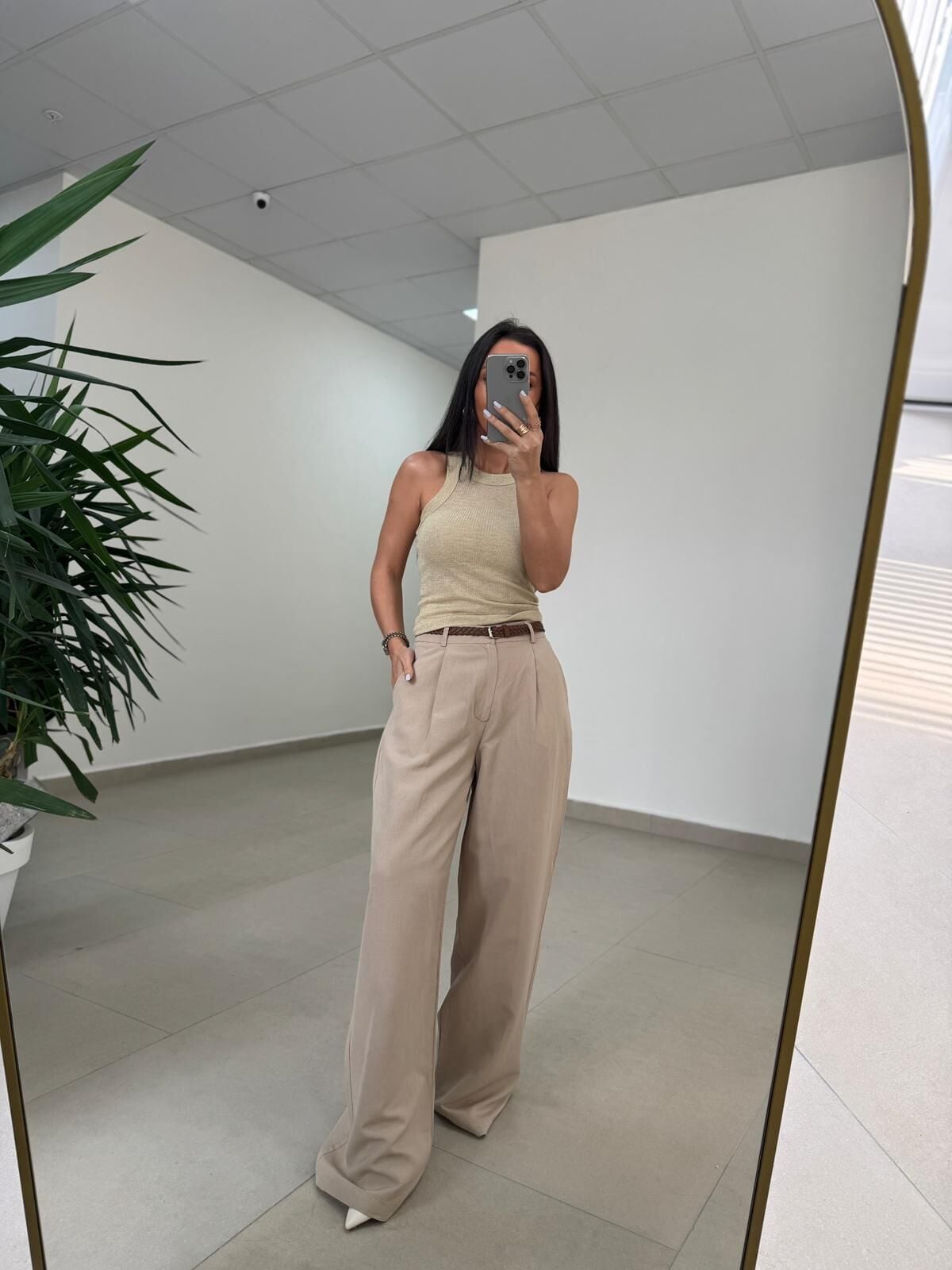 Fp 51150 Pamuk Keten Hasır Kemerli Bej Palazzo Pantolon