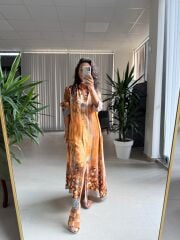 My 3456 Hardal Etnik Desen Gömlek Elbise