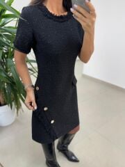 Mc 5110 Püsküllü Chanel Simli Siyah Elbise