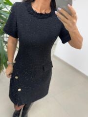 Mc 5110 Püsküllü Chanel Simli Siyah Elbise