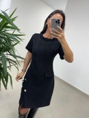 Mc 5110 Püsküllü Chanel Simli Siyah Elbise