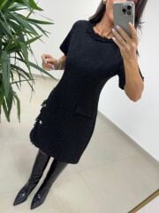 Mc 5110 Püsküllü Chanel Simli Siyah Elbise