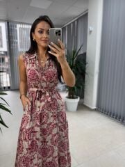 My 3730 Bordo Şal Desen Gömlek Yaka Elbise