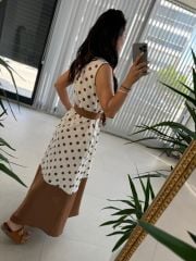 Ms Kahve Puantiyeli Pamuk Keten Elbise