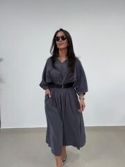 Dr 8242 Kendinden Kemerli Modal Antrasit Elbise