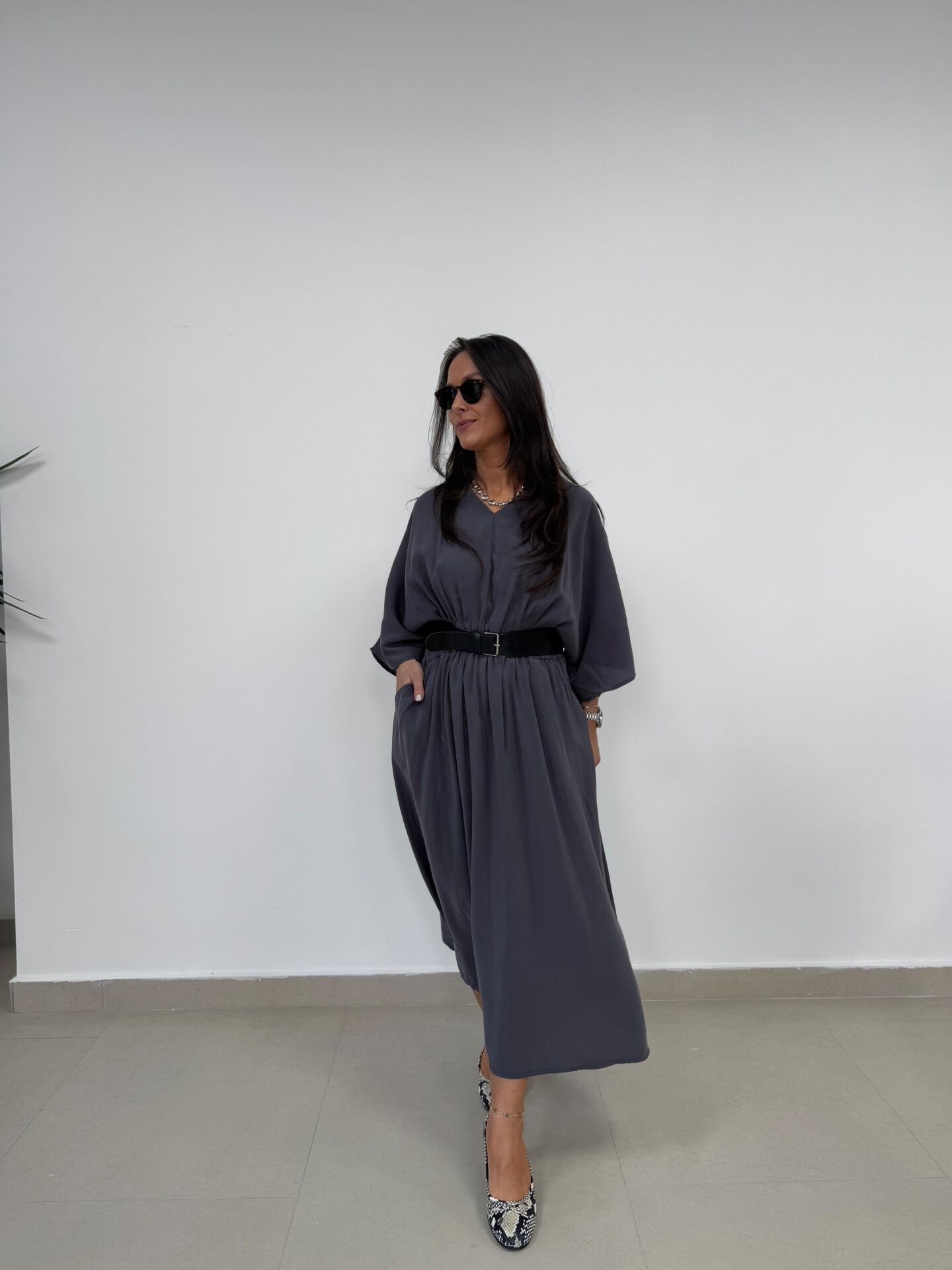 Dr 8242 Kendinden Kemerli Modal Antrasit Elbise