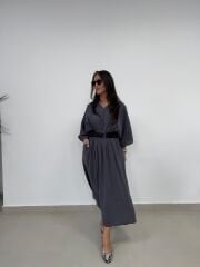 Dr 8242 Kendinden Kemerli Modal Antrasit Elbise