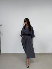 Dr 8242 Kendinden Kemerli Modal Antrasit Elbise