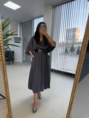 Dr 8242 Kendinden Kemerli Modal Antrasit Elbise