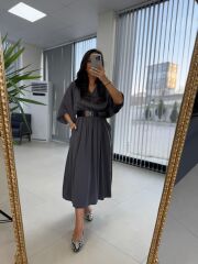 Dr 8242 Kendinden Kemerli Modal Antrasit Elbise