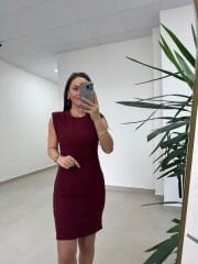 Mz 22006 Omuz Vatkalı Fitilli Bordo Elbise