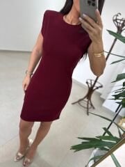 Mz 22006 Omuz Vatkalı Fitilli Bordo Elbise