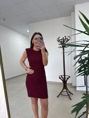Mz 22006 Omuz Vatkalı Fitilli Bordo Elbise