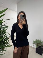 Dv 10427 Siyah V Yaka Kol Yırtmaçlı Triko Kazak