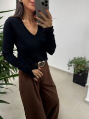 Dv 10427 Siyah V Yaka Kol Yırtmaçlı Triko Kazak