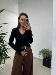 Dv 10427 Siyah V Yaka Kol Yırtmaçlı Triko Kazak