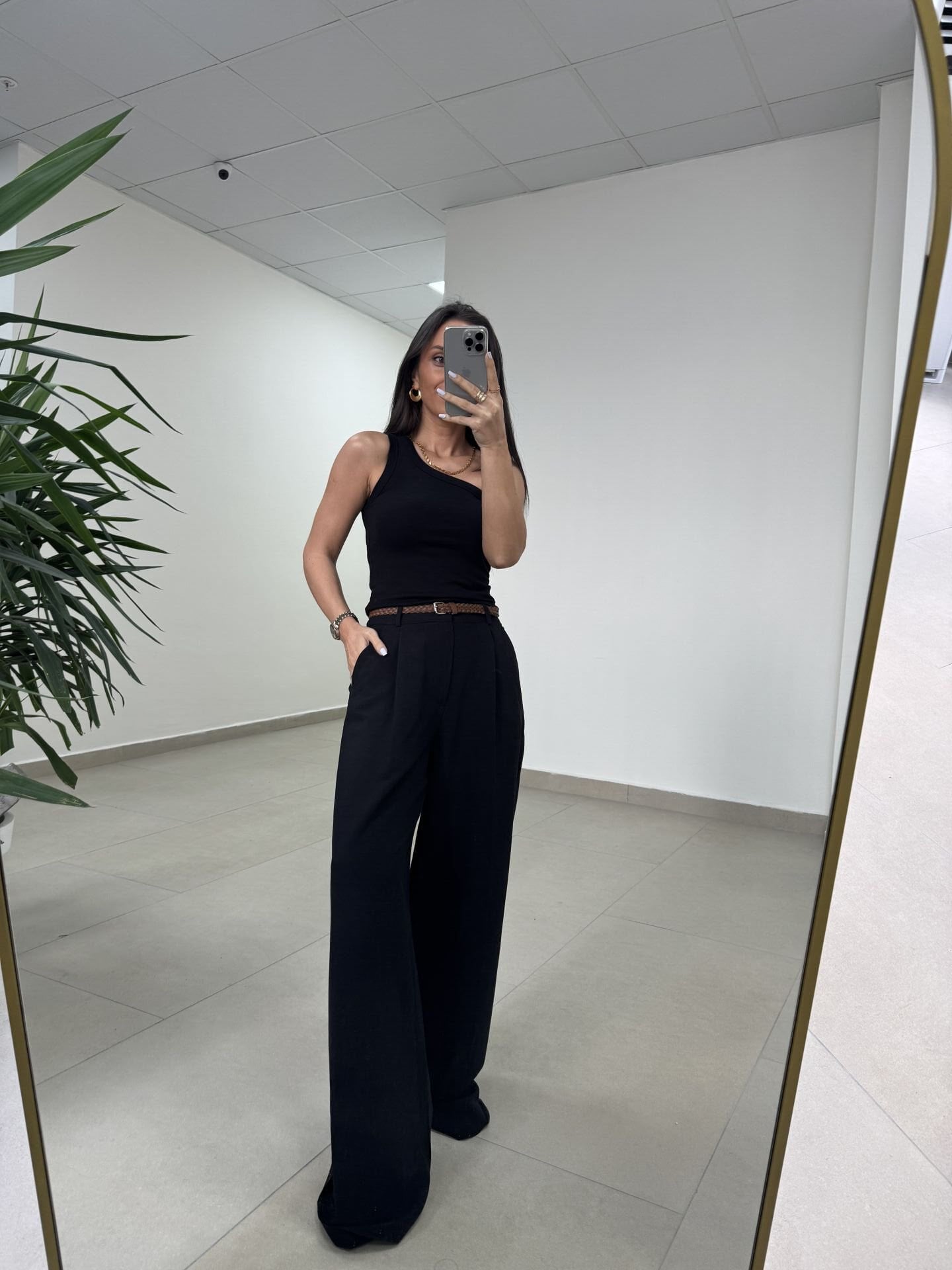 Fp 51150 Pamuk Keten Hasır Kemerli Siyah Palazzo Pantolon