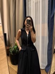 La 69288 Fermuar Detaylı Sıfır Kol Kemerli Siyah Elbise