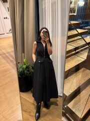 La 69288 Fermuar Detaylı Sıfır Kol Kemerli Siyah Elbise