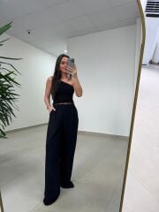 Fp 51150 Pamuk Keten Hasır Kemerli Siyah Palazzo Pantolon