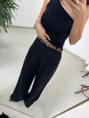 Fp 51150 Pamuk Keten Hasır Kemerli Siyah Palazzo Pantolon