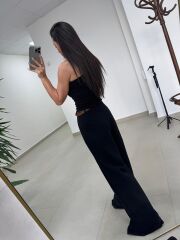 Fp 51150 Pamuk Keten Hasır Kemerli Siyah Palazzo Pantolon