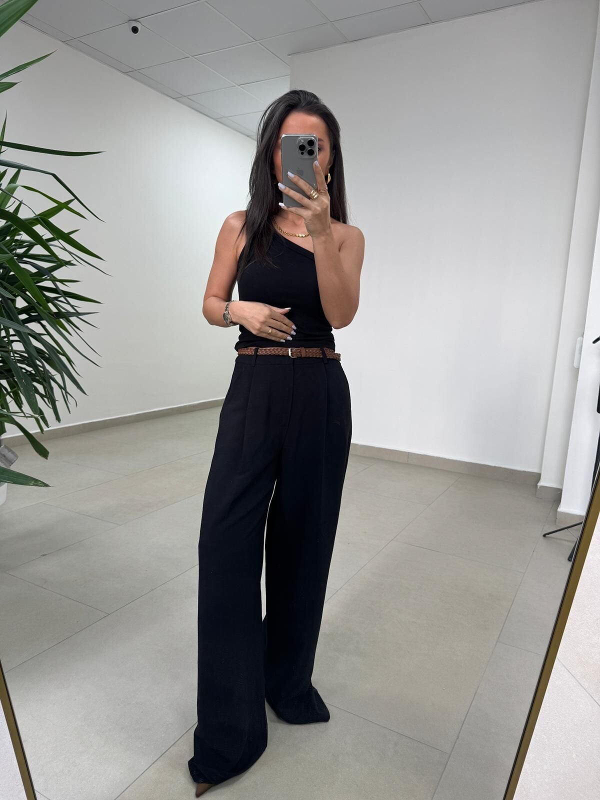 Fp 51150 Pamuk Keten Hasır Kemerli Siyah Palazzo Pantolon