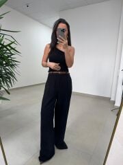 Fp 51150 Pamuk Keten Hasır Kemerli Siyah Palazzo Pantolon